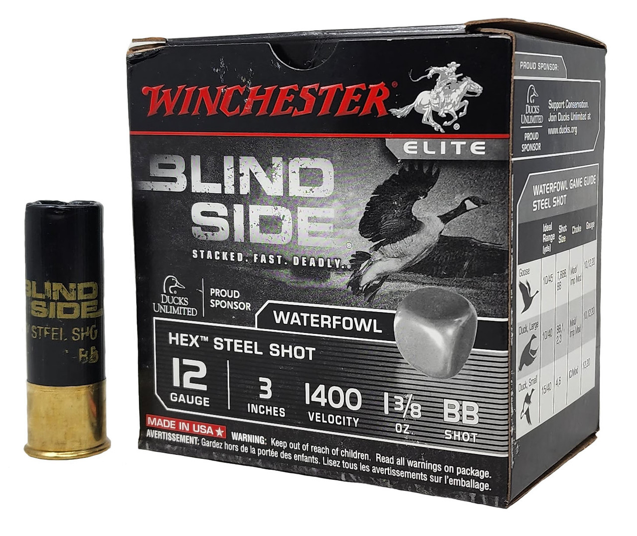 Winchester Blind Side Ammunition - 12 Gauge - 3 - 1 3/8 Oz. BB - Hex Steel  Shot - 25 Rounds